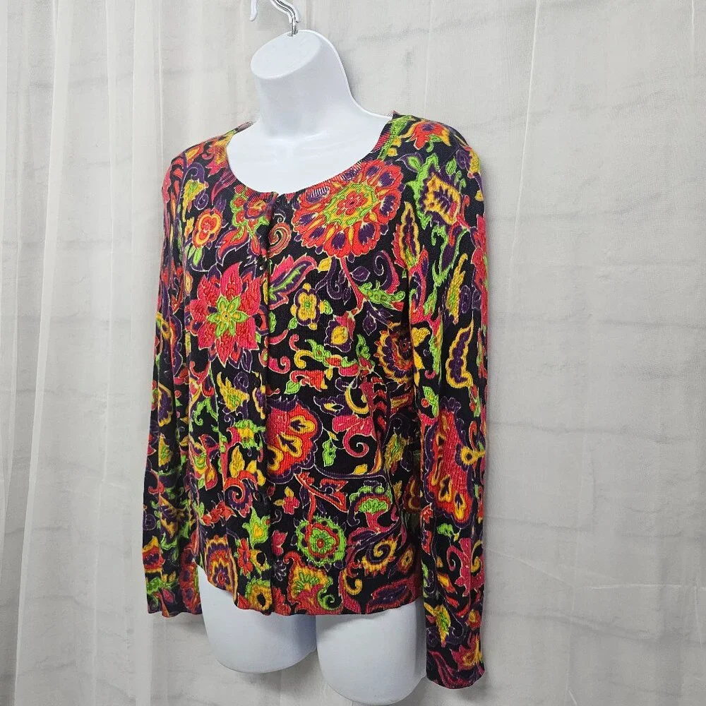 Talbots Cardigan Red Purple Knit Goth Floral Boho Retro Grunge S - Picture 6 of 11